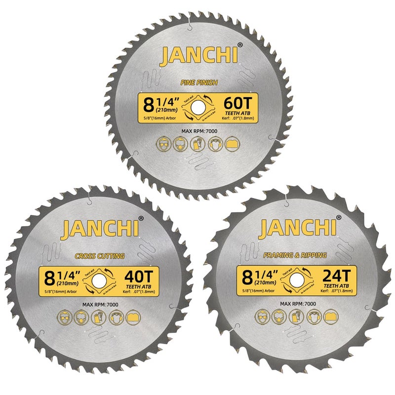 Jianchi 3Pack Combo 8-1/4 Inch 24T&40T&60T Woodworking Saw Blades with 5/8" Arbor, 0.06" Thin Kerf Alternating Top Bevel Tungsten Carbide Teeth Circular Saw Table Saw Blade, Ideal for Various Woods Cutting - Image 1